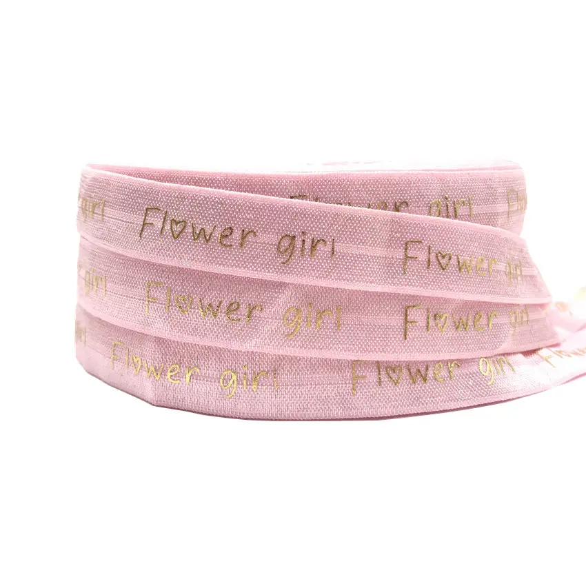 

10Y Gold Foil Flower Girl Print Fold Over Elastic Pink FOE Ribbon For DIY Handmade Materials Headwear Accessory Wholesale