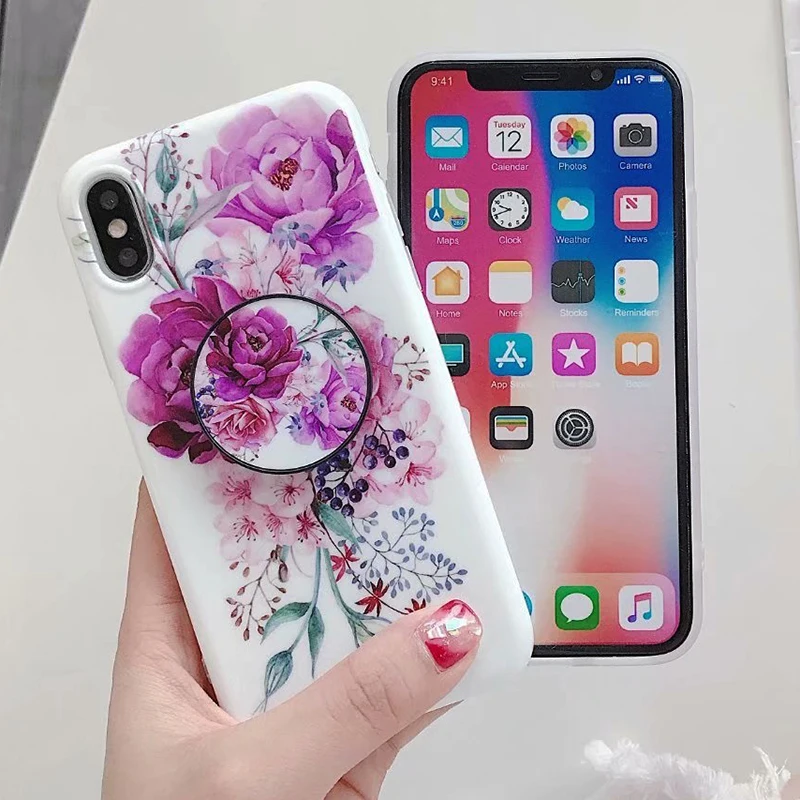Мраморный чехол для телефона iPhone XS Max силиконовый с подставкой в виде листьев и