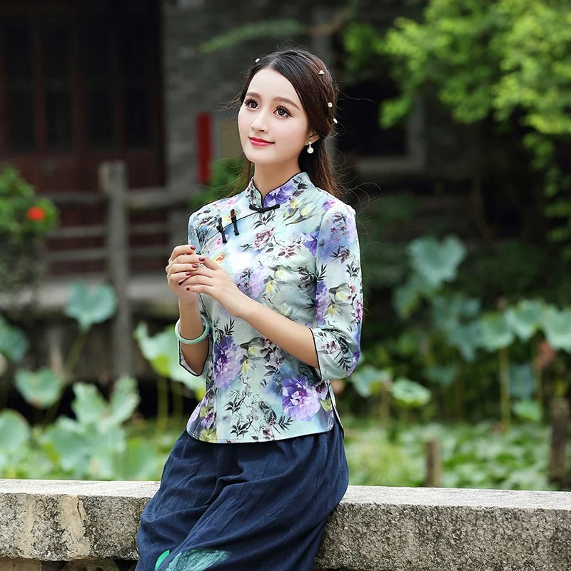 Китайские Топы Cheongsam для женщин весна лето Шанхай Тан одежда Женская Ретро винтажная рубашка женские китайские Топы TA1525
