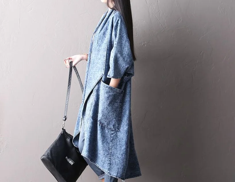 Весна Осень Женщины с рукавом летучая мышь хлопковое джинсовое пальто большим