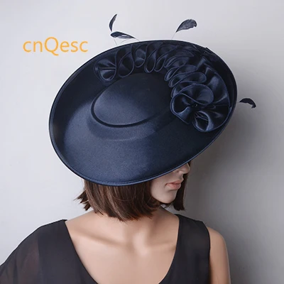 Navy blue Новинка; ; элегантное поступление! Королевский синий Большой Матовый сатиновая Вуалетка Формальные шляпы четыре свадебные женские шляпы - Цвет: Navy blue