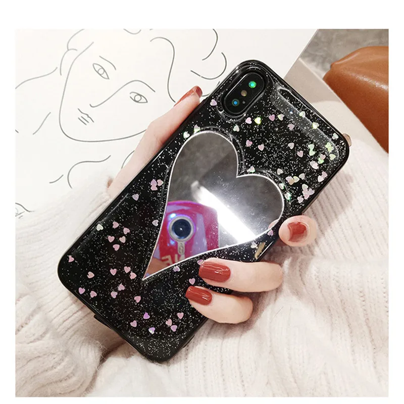 Цветной глиттер покрытие мягкие ТПУ чехлы для телефонов iphone X 6 S Задняя любовь Зеркало чехол для iphone 6 6s 7 7 plus 8 Plus чехол coque - Цвет: Black
