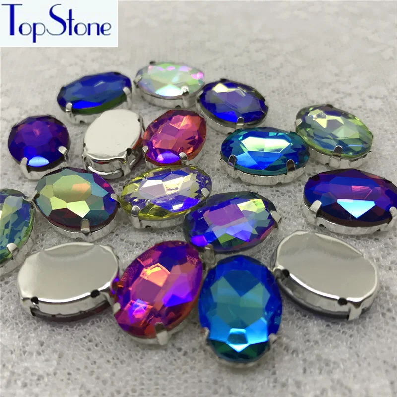 Стразы из стекла высокого качества с овальной формой и цветом когтей AB на металлической основе с пряжкой для одежды.