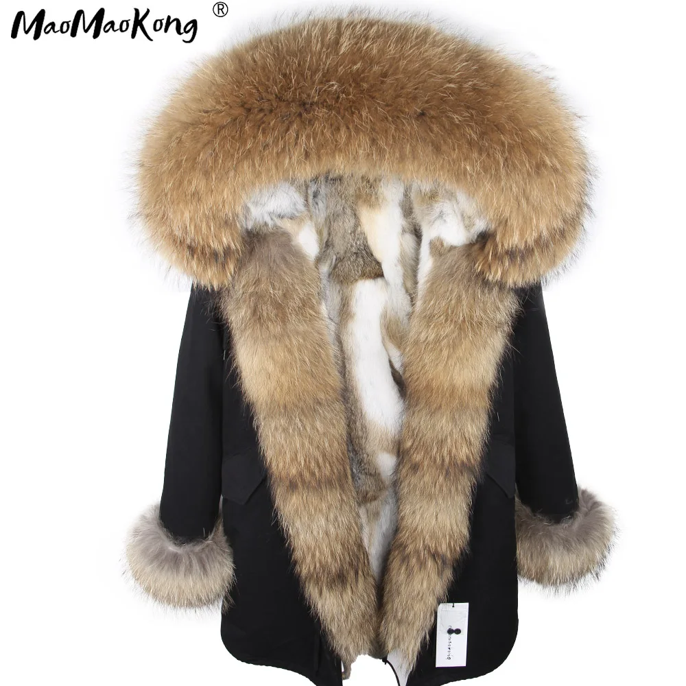 Maomaokong 2022 Winter Women Parkas Real Fur Long Coat Outwear Large Raccoon Fur Collar  thick Warm Jacket Rabbit Lining Hooded