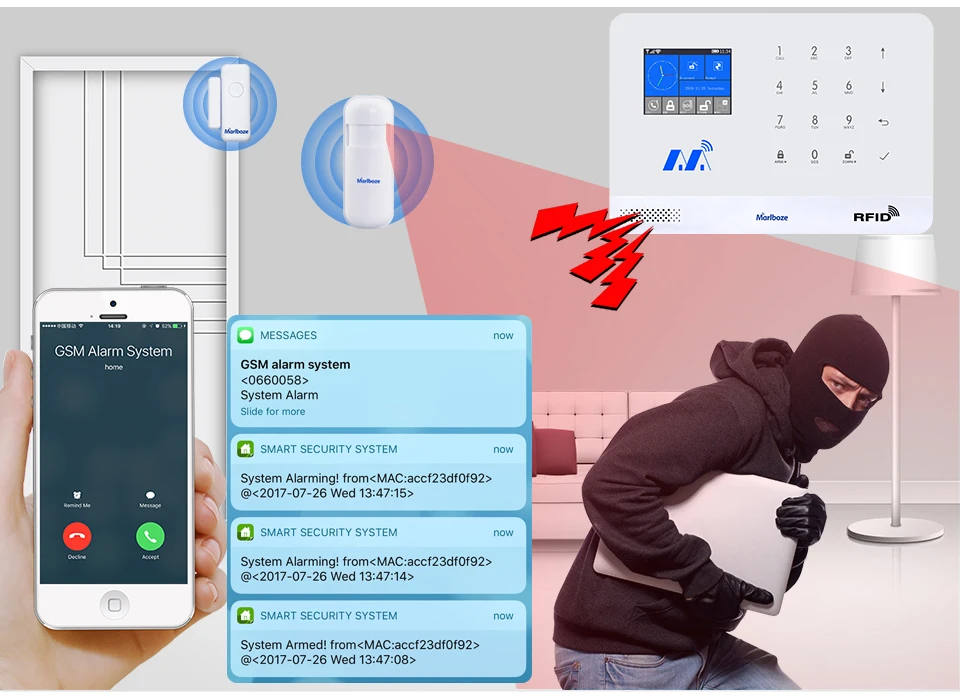 Marlboze беспроводная домашняя Безопасность GSM wifi GPRS сигнализация Система IOS Android приложение дистанционное управление RFID карта PIR датчик двери датчик комплект