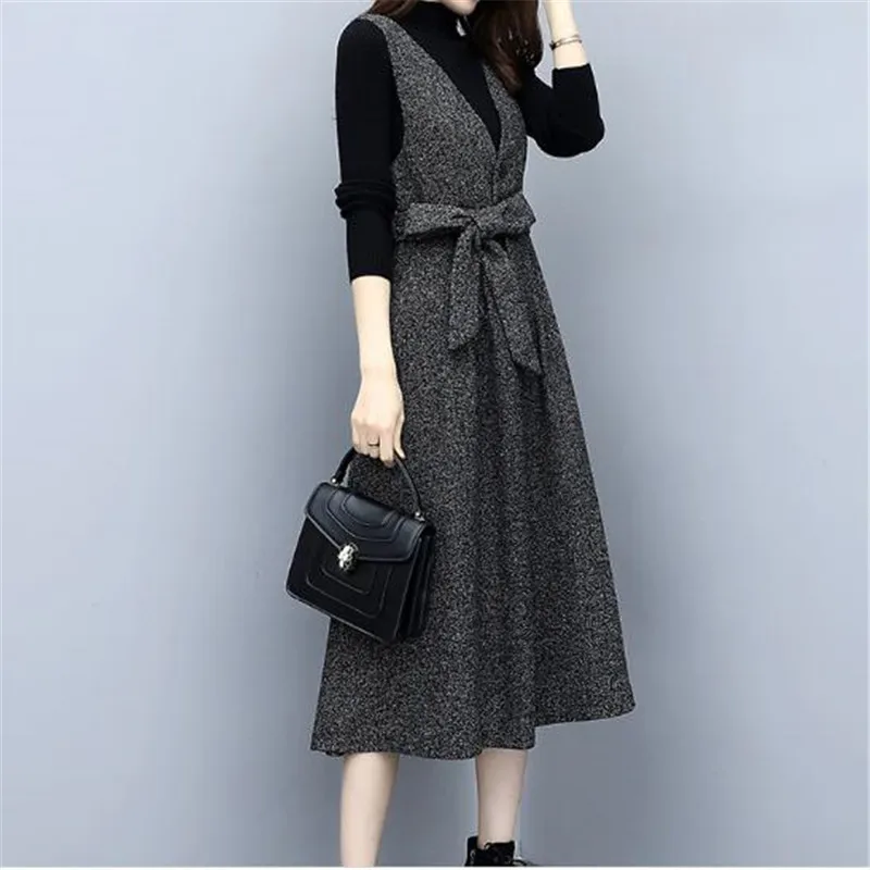 Female plus size suit 2019 spring autumn new retro strap dress + Knitted tops 2-piece fashion casual women clothing with belt |