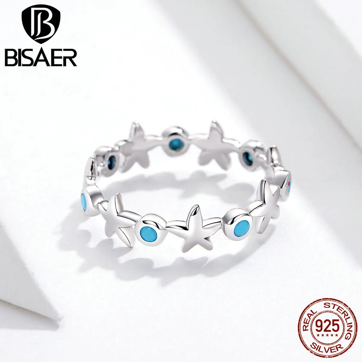 BISAER Цветок 925 пробы Серебряный Штабелируемый Морская звезда форма кольца для женщин 6 7 8 Размер обручальное кольцо ювелирные изделия Anel ECR527