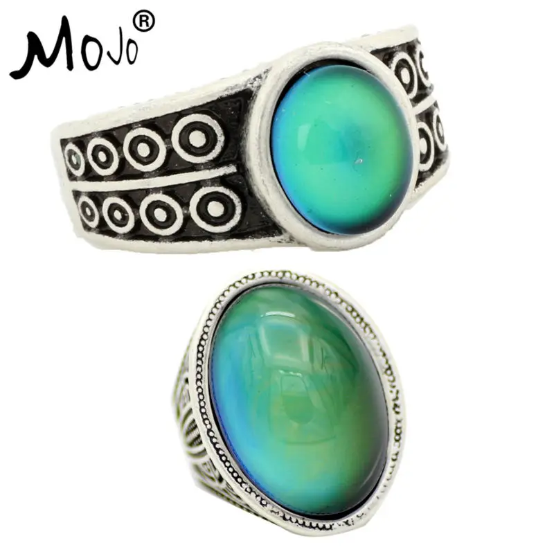 

2PCS Antique Silver Plated Color Changing Mood Rings Changing Color Temperature Emotion Feeling Rings Set For Women/Men 007-058