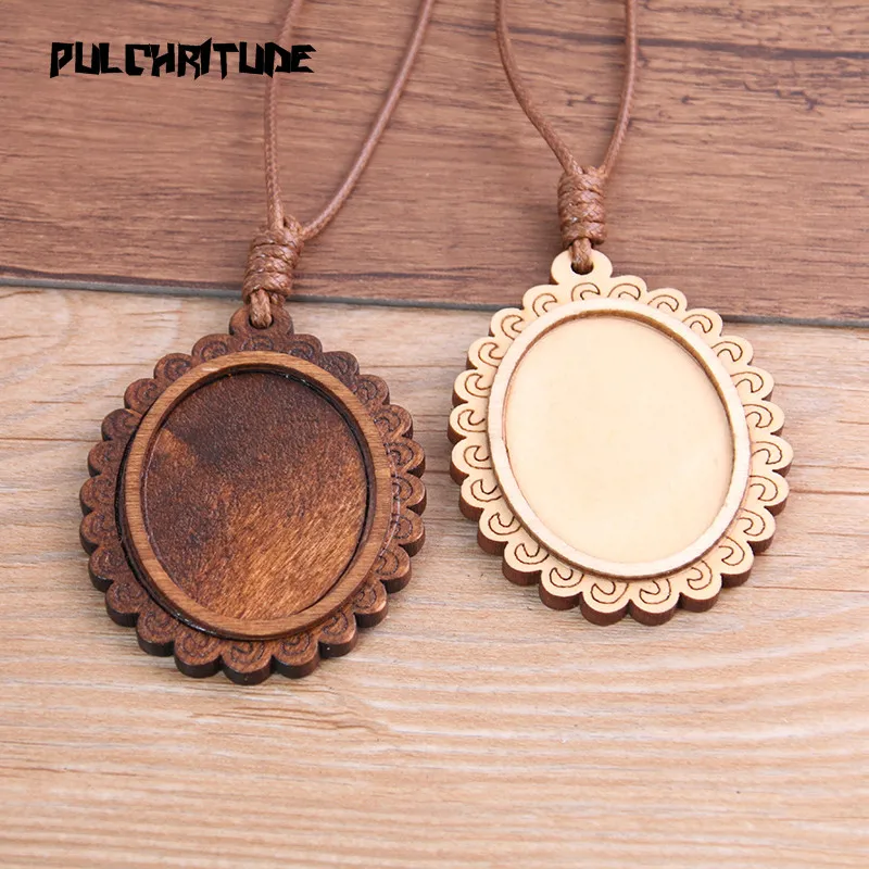  2pcs 30*40mm Inner Size Wood Cabochon Settings Blank Cameo Pendant Base Trays With Leather Cord For Jewelry Making | Украшения и