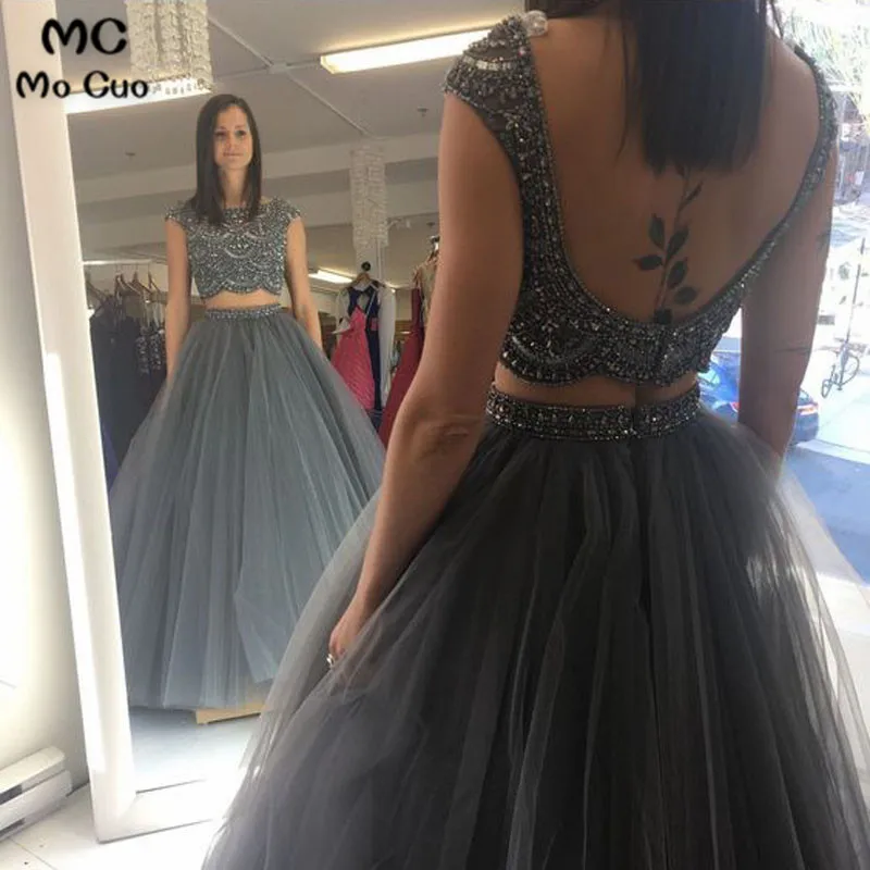 2019 Two Pieces Gown Evening Dresses Long with Crystals Floor Length Tulle Backless Formal Party Dress Custom Made | Свадьбы и