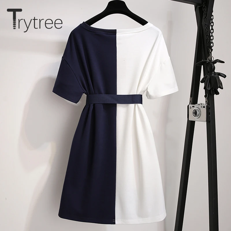 Trytree 2020 Summer Women Dress Casual Sequined Print Cat O-Neck Mini T shirt dresses Cotton Polyester Belt Loose Straight | Женская