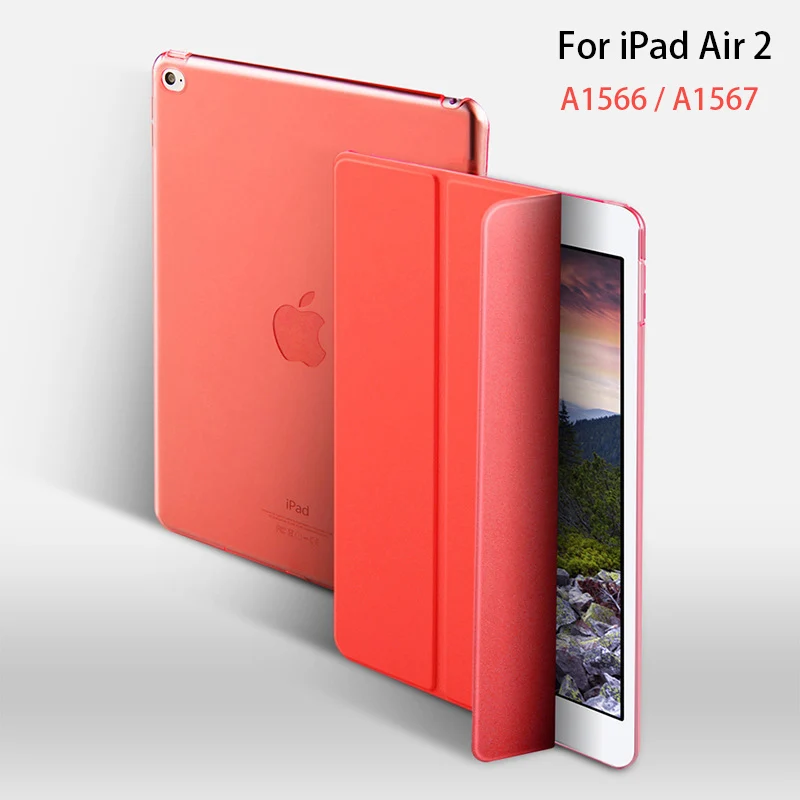 Для iPad Air 2 Чехол PC Нижняя оболочка ультра тонкий стенд PU магнит смарт-чехол Пробуждение сна для air2 модель A1566 A1567 - Цвет: Красный