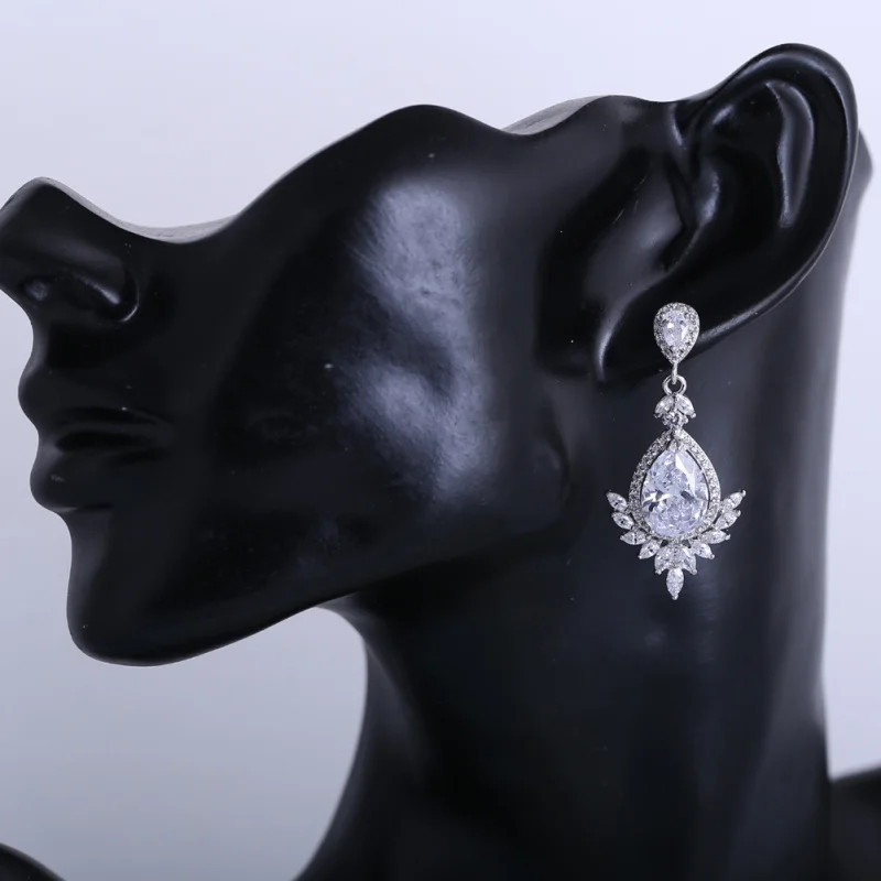 

ROLILASON Crown shape water drop design 925 Silver White Zircon For girl Earrings Necklace Rings Jewelry Sets JS770