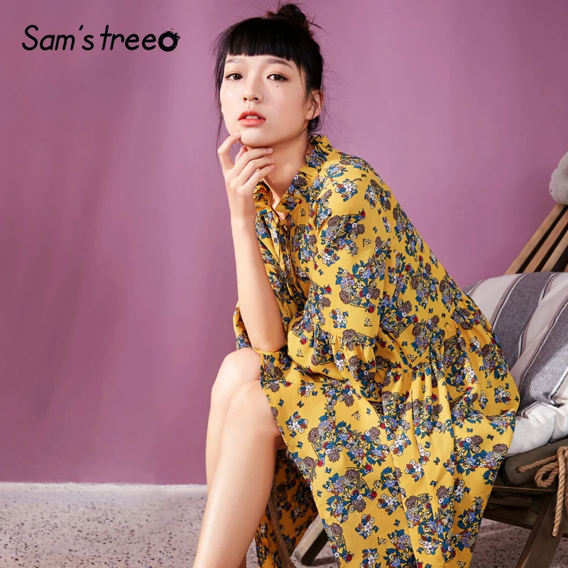 Samstree, женские летние свободные платья с цветочным принтом, с оборками, с расклешенным рукавом, с v-образным вырезом, плиссированные платья для женщин, винтажное платье размера плюс