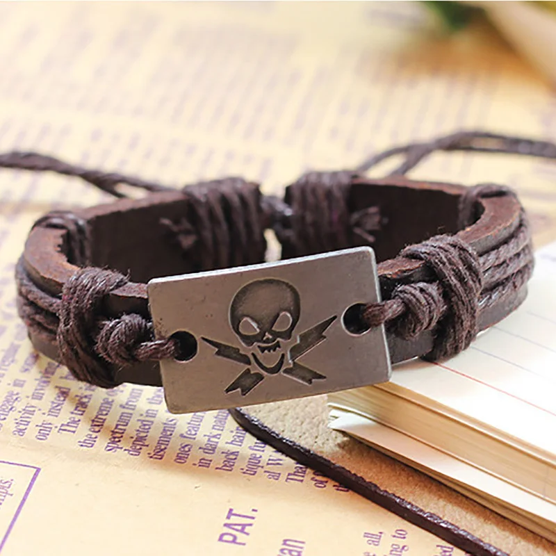 30 шт./лот женские и мужские браслеты с черепом кожаные серебряным покрытием