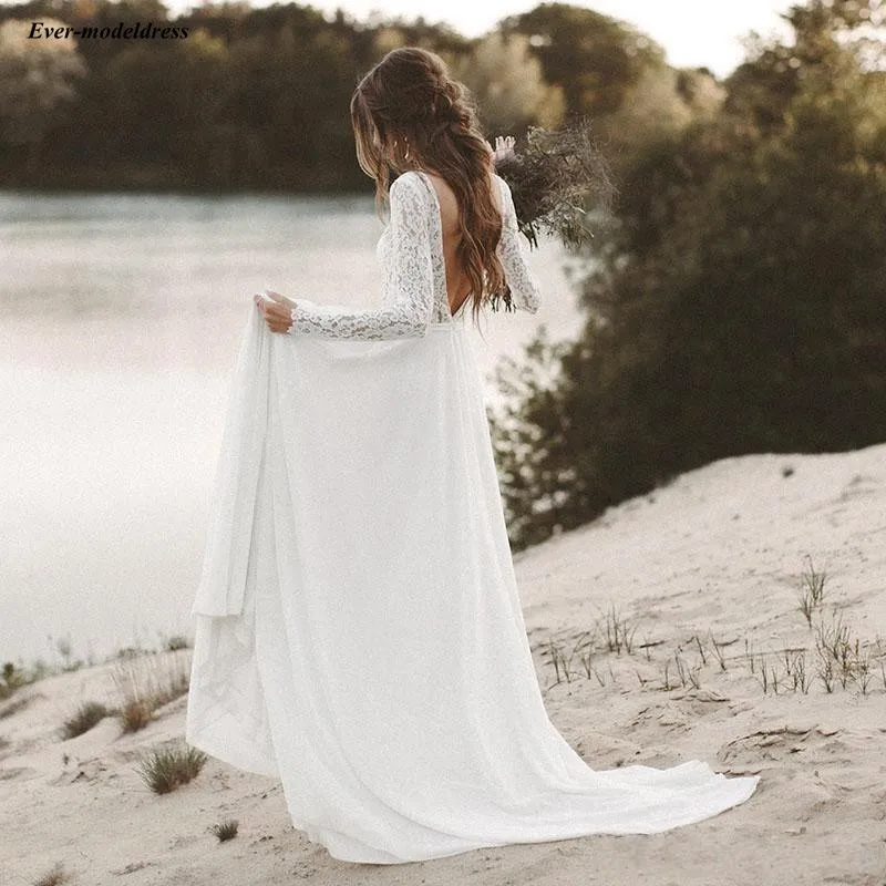 Vestido de Novia, длинный рукав, кружевной топ, открытая спина, трапециевидный шлейф, простые пляжные свадебные платья, свадебные платья, дешевые, на заказ