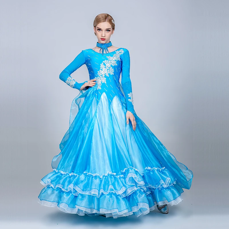 light blue Платье для соревнований по бальным танцам, женское стандартное бальное платье для девочек, бальное платье для вальса, зеленое вечернее платье, танцевальные костюмы - Цвет: light blue