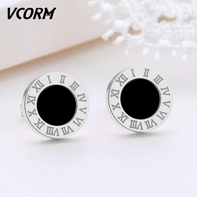 VCORM, нержавеющая сталь, розовое золото, серебро, маленькие серьги-гвоздики для женщин, ювелирные изделия, модные римские серьги с цифрами, Pendientes Jewelry