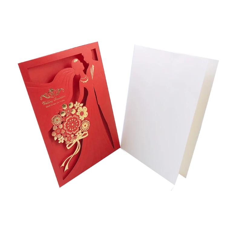 Cover And Inner Card 1 шт., красные, золотые, жених и невеста лазерная резка, для свадьбы Приглашения карты Поздравительные открытки конверты, изготовленные по индивидуальному заказу Свадебная вечеринка Декор поставки - Цвет: Cover And Inner Card