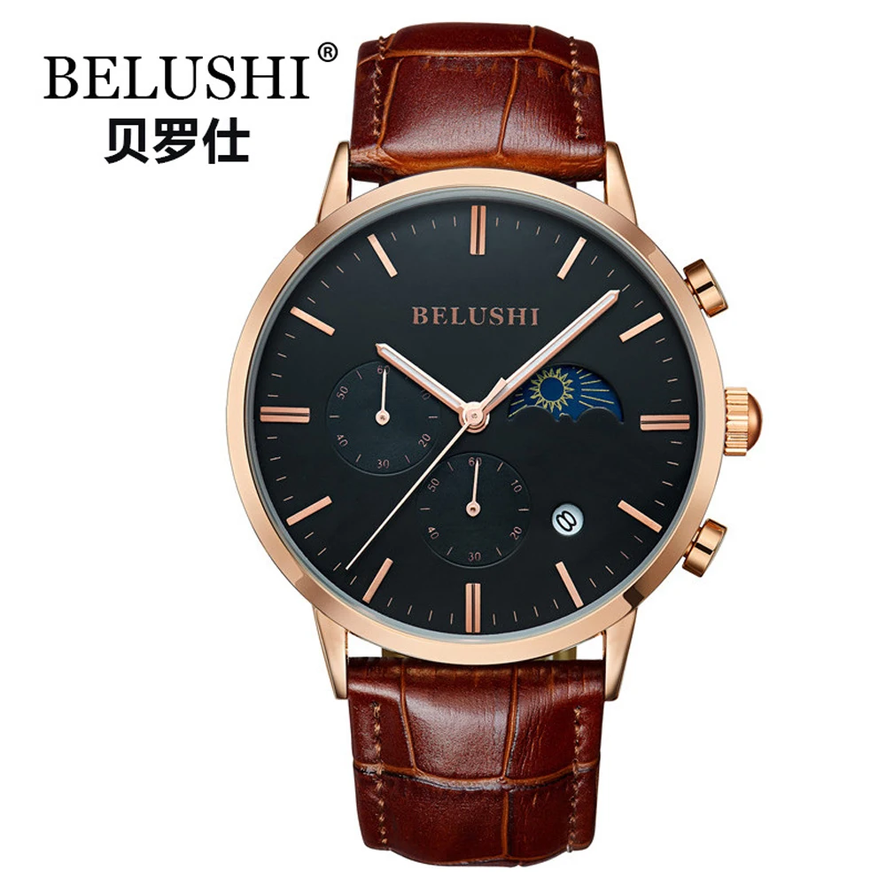 

Relogio Masculino BELUSHI, высокое качество, модные роскошные спортивные часы для мужчин, кожаный ремень, Moon Phase, военные мужские часы Erkek Kol Saati
