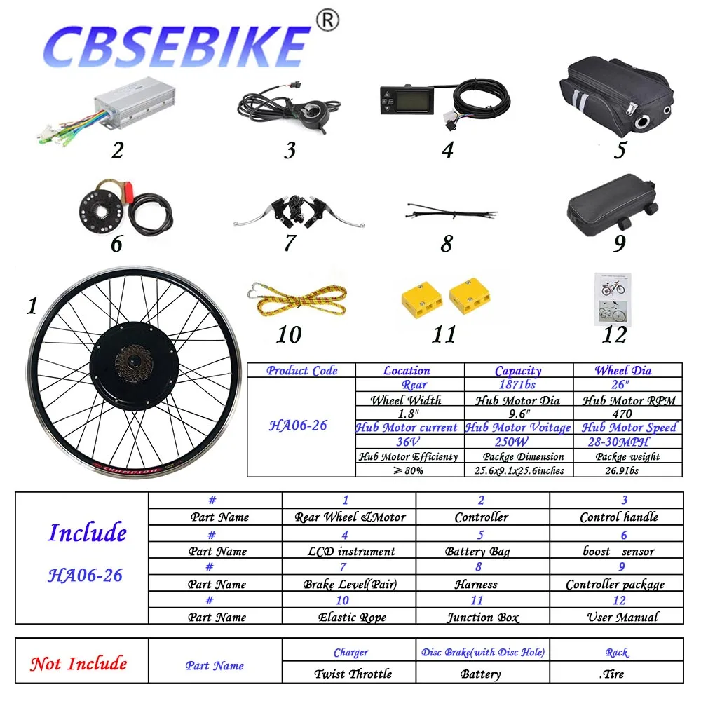 26inch 36V250W HA06 CBSEBIKE 26 дюймов комплект для переоборудования электрического велосипеда ЖК-дисплей eBike для заднего колеса велосипеда мотор HC05-26 - Цвет: 26inch 36V250W HA06