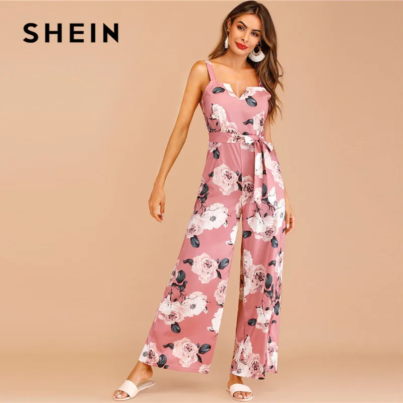 SHEIN летний женский комбинезон с цветочным принтом, на молнии, с поясом сзади, без рукавов, свободный, с высокой талией, с широкими штанинами, женский розовый комбинезон