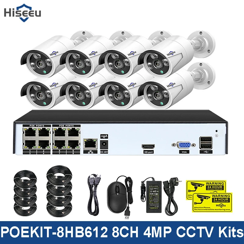 Hiseeu H.265 8CH 4MP POE Security Camera System Kit Audio Record IP IR Outdoor Waterproof CCTV Video Surveillance NVR Set | Безопасность