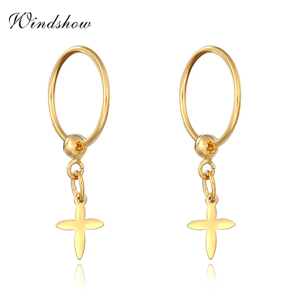 Small Yellow Gold Color Lucky Cross Charm Pendant Huggies Hoop Earrings Piercing Jewelry For Kids Baby Girls Women | Украшения и