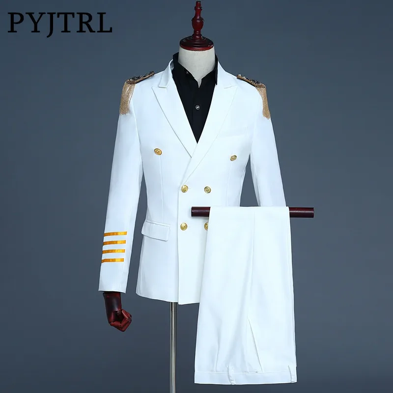jacket and pants PYJTRL, бренд, белый, темно-синий, мужские костюмы капитана, последние модели пальто, брюки,, мужской свадебный костюм жениха, блейзер, Hombre, приталенный - Цвет: jacket and pants