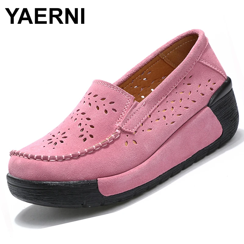 YAERNI New summer woman casual shoes women cutouts breathable flats suede leather cutout platform | Обувь
