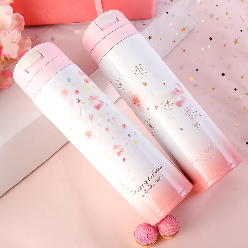 Girl cute Cherry Blossoms Thermal Insulation Thermos Stainless Steel Vacuum Flask Student School Water Bottle Thermo Mug | Дом и сад