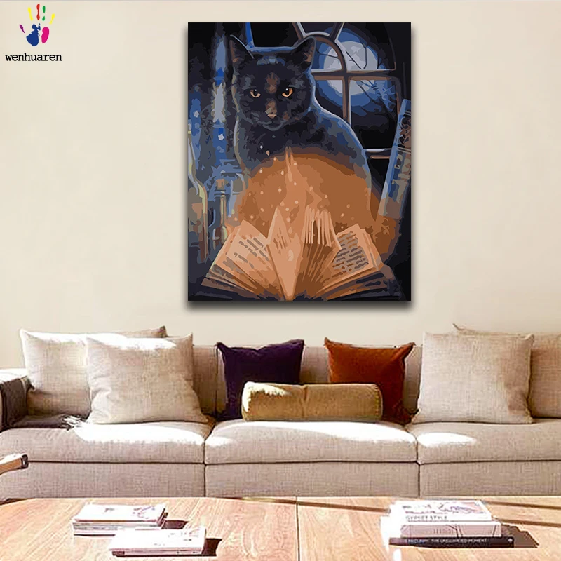 DIY раскраска краска по номерам с изображением черного кота картины комплекты 40x50