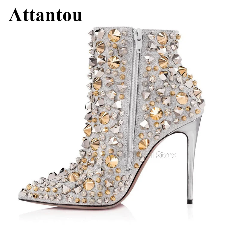 

Diamond Short Ankle Boots Women Pointy Stiletto Heeled Pointed Toe Side Zip Rivet Botas Mujer