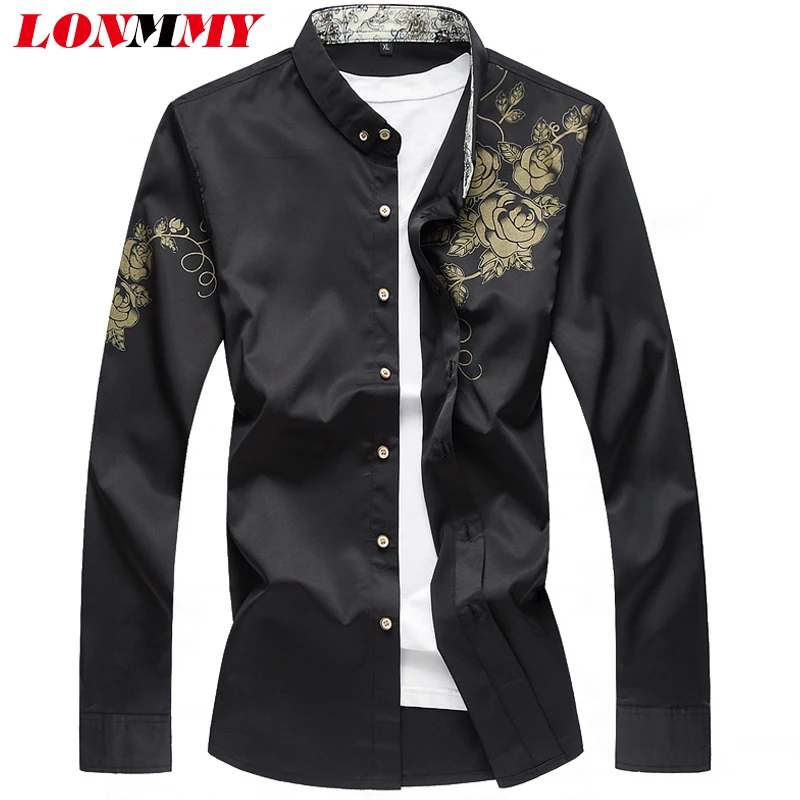 LONMMY 7XL Casual shirt men clothes Long sleeve flower Floral Slim fit mens white camisa White Black Wine red Navy 2018 | Мужская одежда