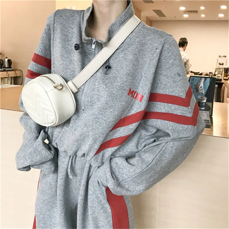 Корейский комплект из 2 предметов, женская одежда, Harajuku, свободная молния, отложной воротник, длинный рукав, боковые полосы, шаровары, штаны, спортивные костюмы, B092 - Цвет: gray tops