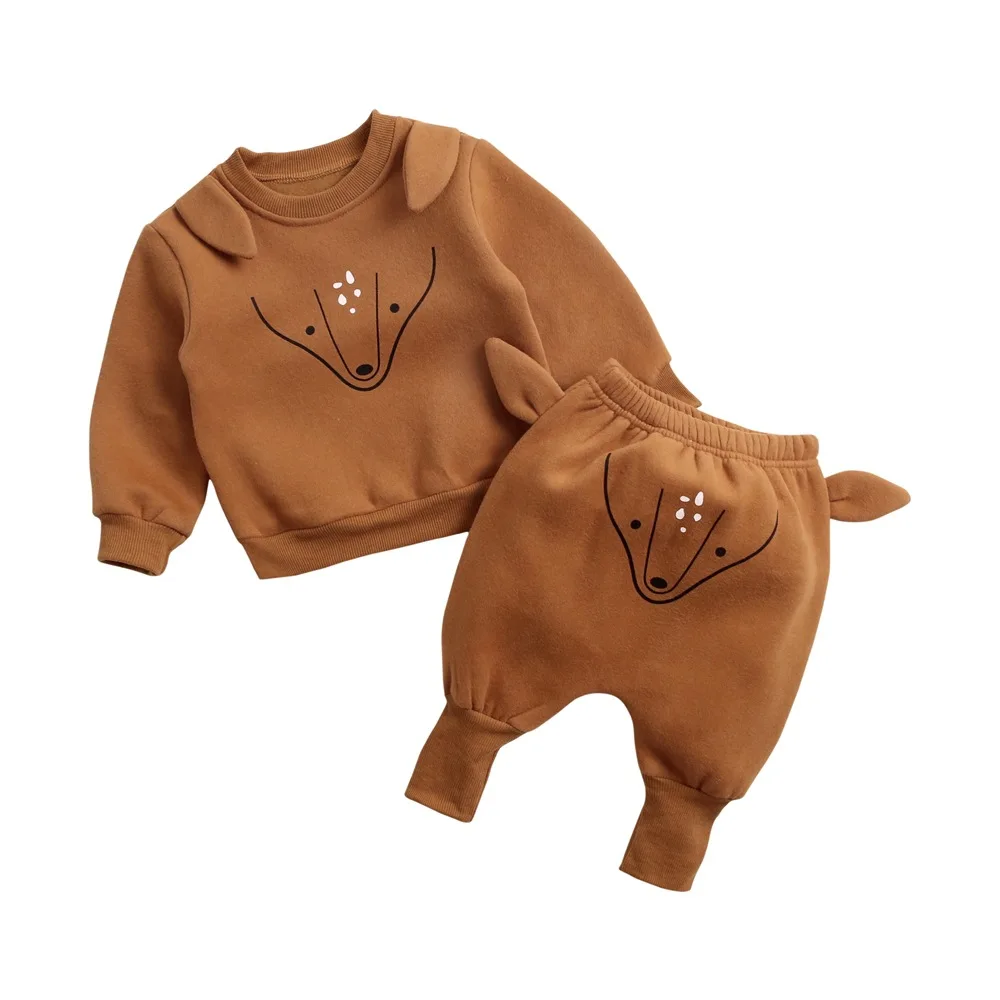 Deer Весенне-осенние комплекты одежды для малышей комплект из 2 предметов, пуловер+ штаны костюм с милыми животными Теплая Флисовая одежда для маленьких девочек и мальчиков - Цвет: Deer
