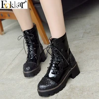 eokkar 2020 women ankle boots round toe bing square mid heel lace up patent leather winter boots ladies boots size 34 43