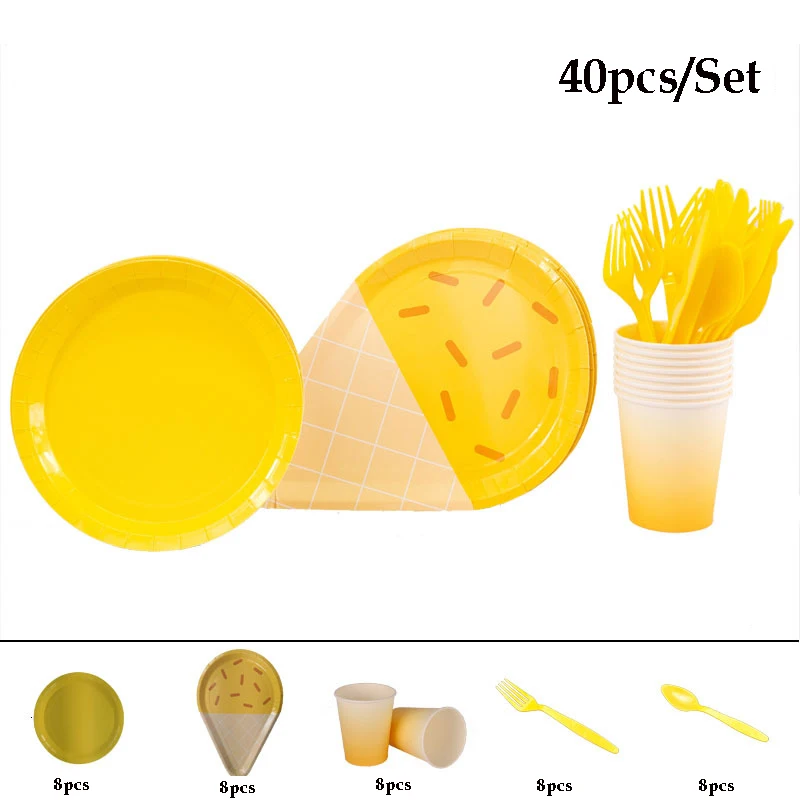 40pcs yellow 40 шт./компл. в форме мороженого бумажные тарелки для вечеринок одноразовая посуда салфетка для чашек детский душ День рождения Свадебные принадлежности - Цвет: 40pcs yellow