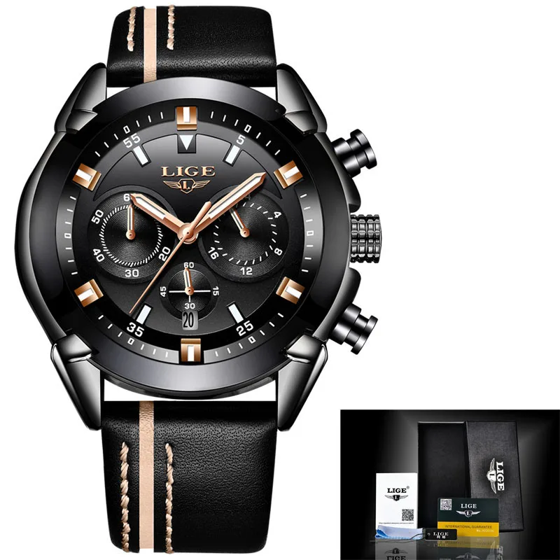 leather black gold Relojes Hombre, новинка, LIGE, мужские часы, Топ бренд, Роскошные, водонепроницаемые, 24 часа, дата, кварцевые часы, мужские, кожа, спортивные наручные часы+ коробка - Цвет: leather black gold