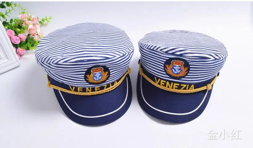 

Letter Navy Cap Blue Horizontal Stripes Men and Women Captain Hat Army Stage Parenting Venezia Style Sailor Hat Adult and Kids