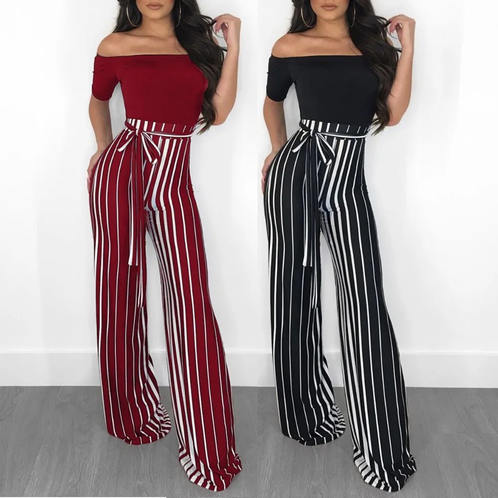 Slash Neck Short Sleeve Stripe Print Overalls Jumpsuits Outfit with Sashes Women Casual Sexy Fashion Bandage Straight Rompers | Женская