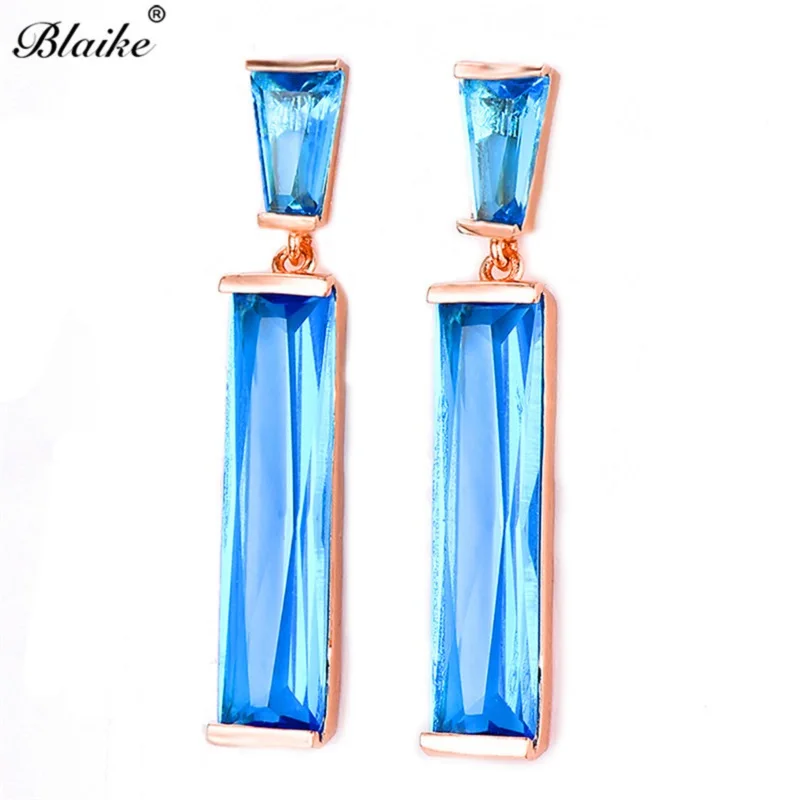 Blue Blaike 8 мм длинный стержень розовый/синий/белый/зеленый/Фиолетовый Циркон Камень Висячие серьги для женщин Мода розовое золото заполненный Кристалл ювелирные изделия - Окраска металла: Blue