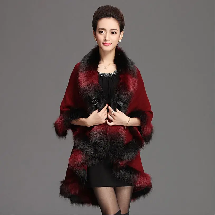 

Fur coat female 2017 new autumn winter mix color faux fox shawls elegant long fur capes loose warm women poncho knitted cardigan