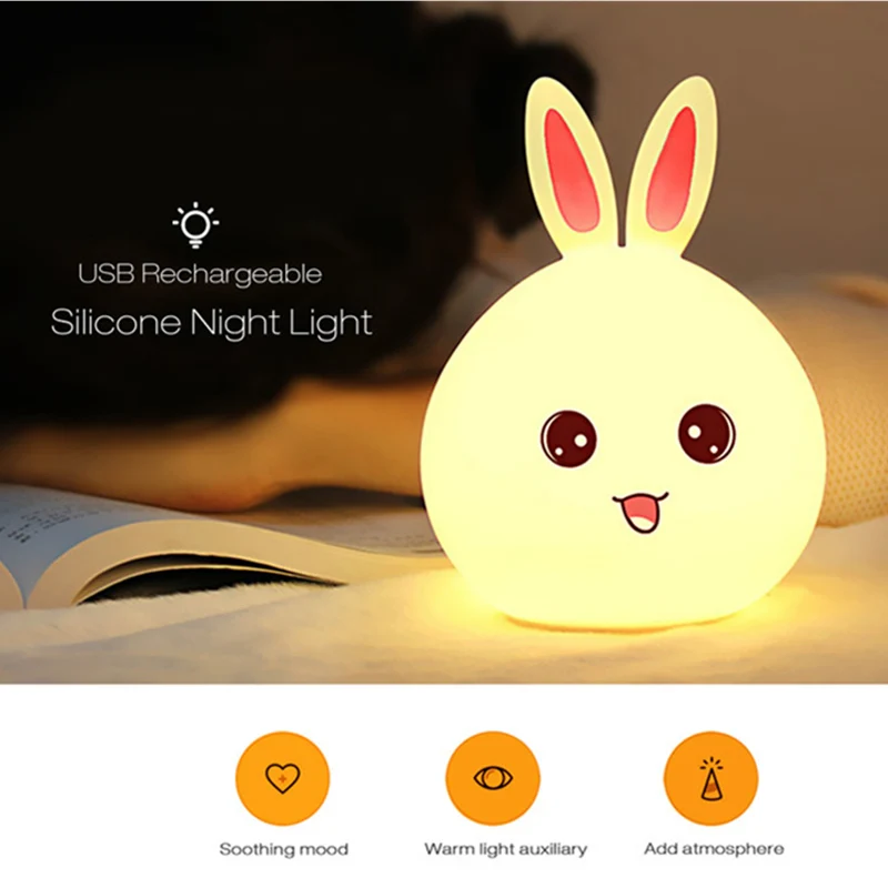 Разноцветная силиконовая забавная форма кролика светодиодный ночник USB