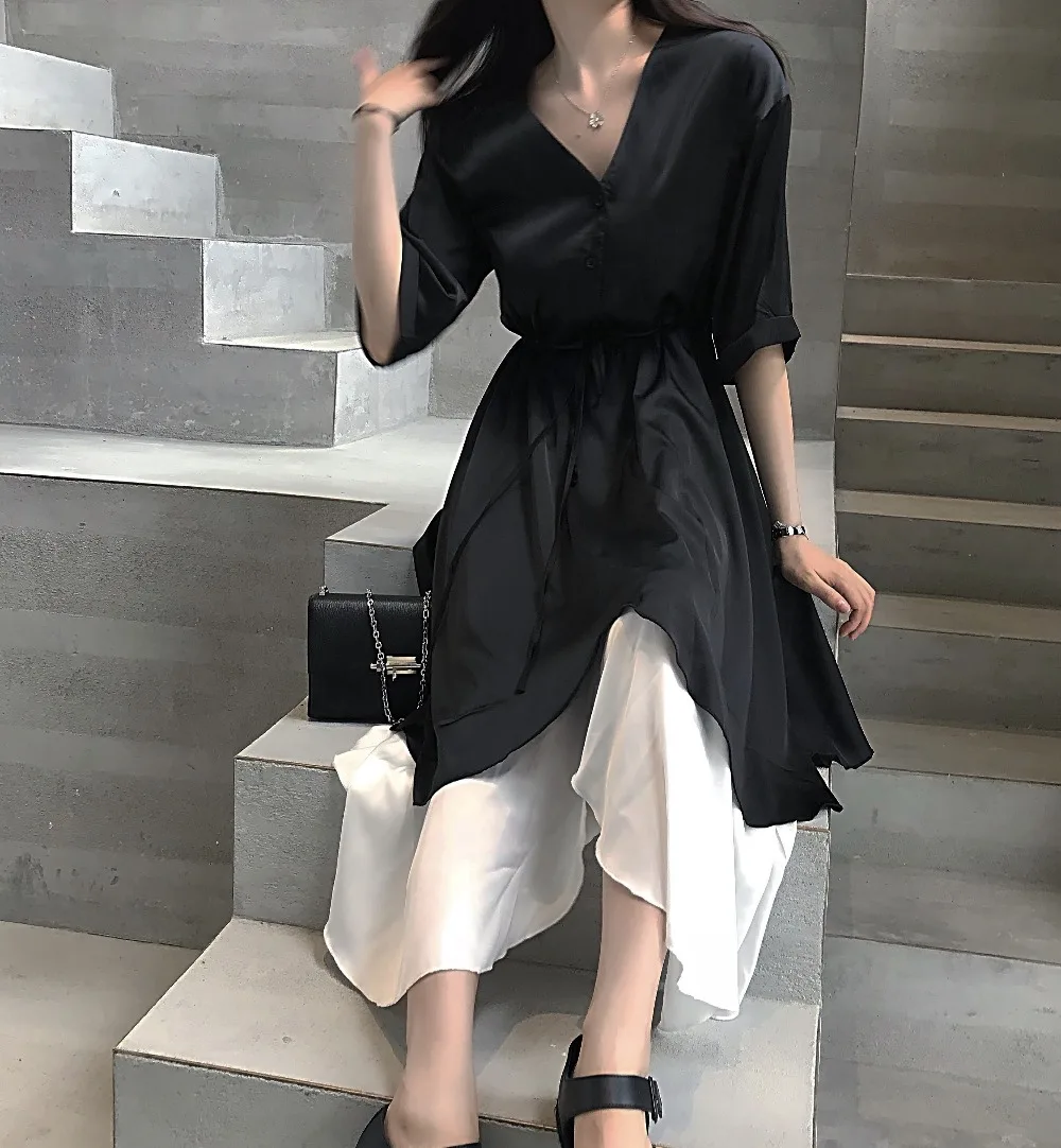 Cakucool новое черное летнее платье с v образным вырезом Асимметричная длинная Vestido