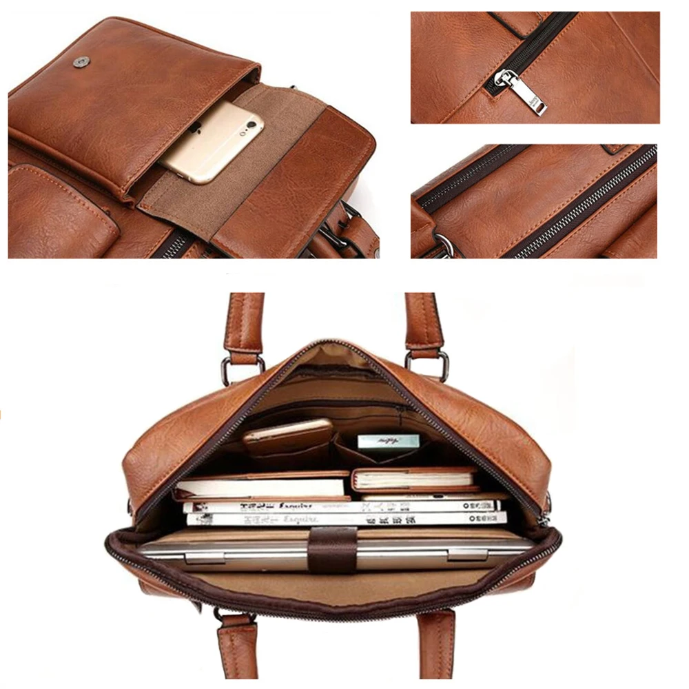 

2019 New Men Split Leather Handbag Zipper Men Business Polyester Two Silt Pocket Soft Handle 14 Inches Briefcases Bags