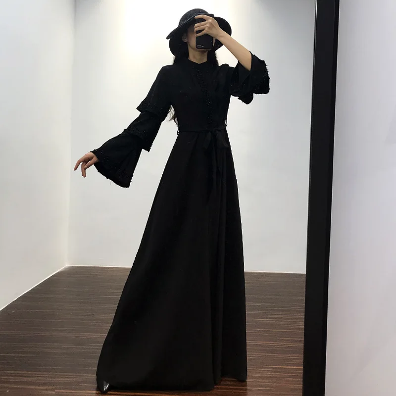 Черный Халат abaya Femme Дубай исламский, мусульманский рукав колокол платье Caftan восточный женский халат для женщин Омани Elbise платья Хиджаб одежда