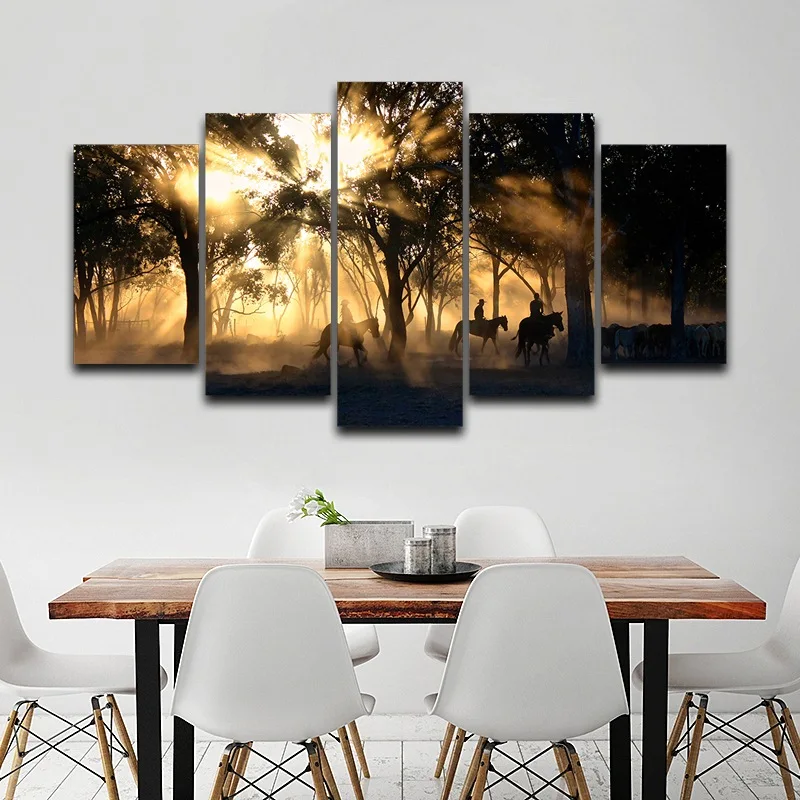 

Canvas Wall Art Pictures Home Decor Living Room 5 Pieces Morning Sunrise Forest Tree Horses Painting HD Prints Posters Framework