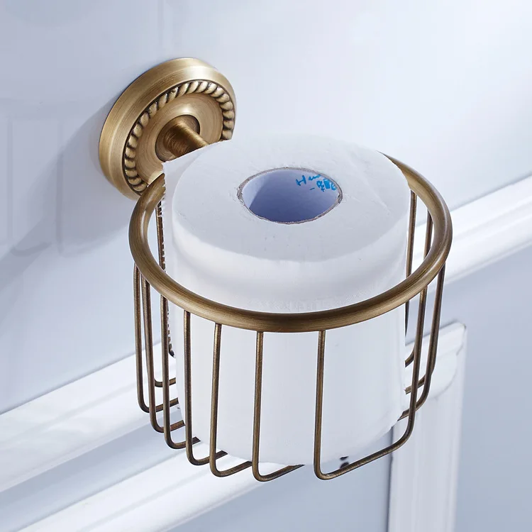 

Solid Brass European Bathroom Accessories Wholesale Copper Roll Toilet Paper Holder Antique Basket Complex Tissue Storage Rack