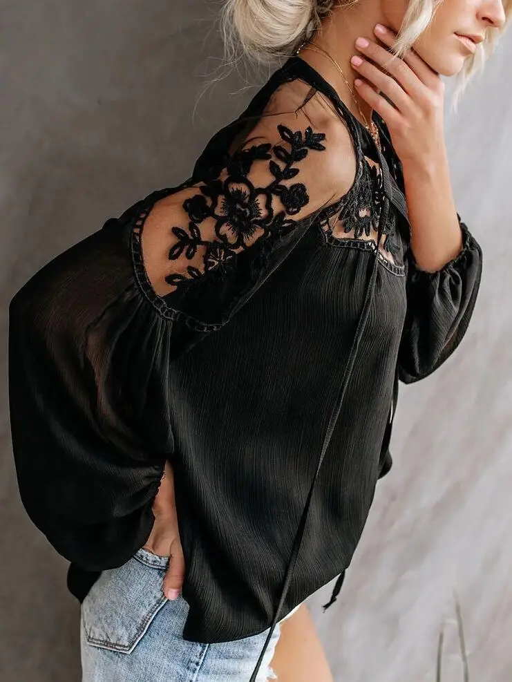 

Uguest Women Blouse Chiffon Lace Embroidery Long Sleeve Lantern Sleeve White Black Solid blouses Loose Summer Tops